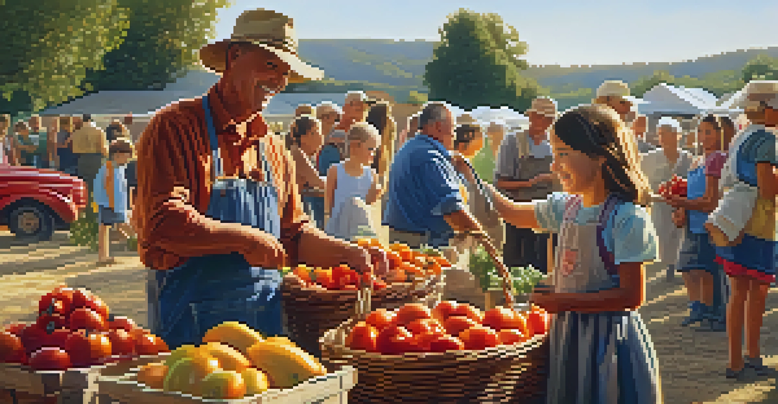 A local farmer handing a fresh tomato to a child, surrounded by colorful fruits and vegetables at a festival.