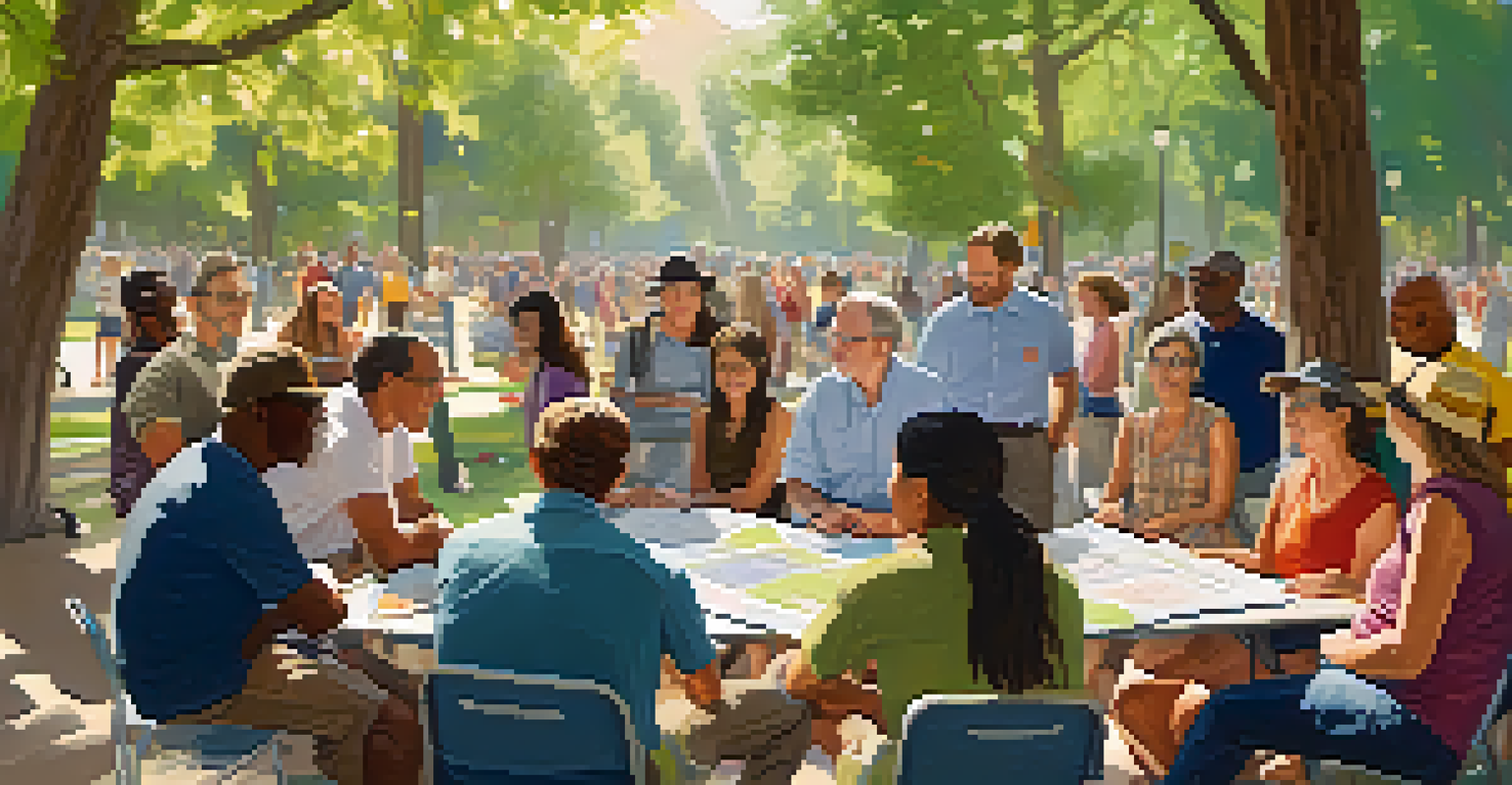 A community meeting in a park in Boulder, Colorado, with residents discussing disaster preparedness around a table with maps.