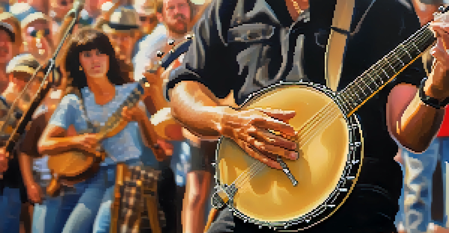 A close-up of a banjo player performing at a Boulder music festival, with the audience blurred in the background.