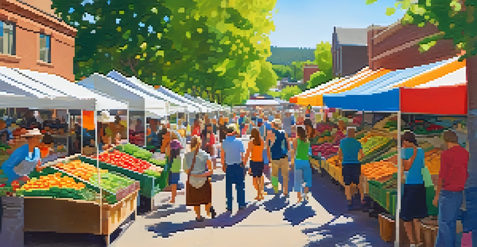 A lively farmer's market in Boulder with diverse people enjoying fresh produce and flowers.