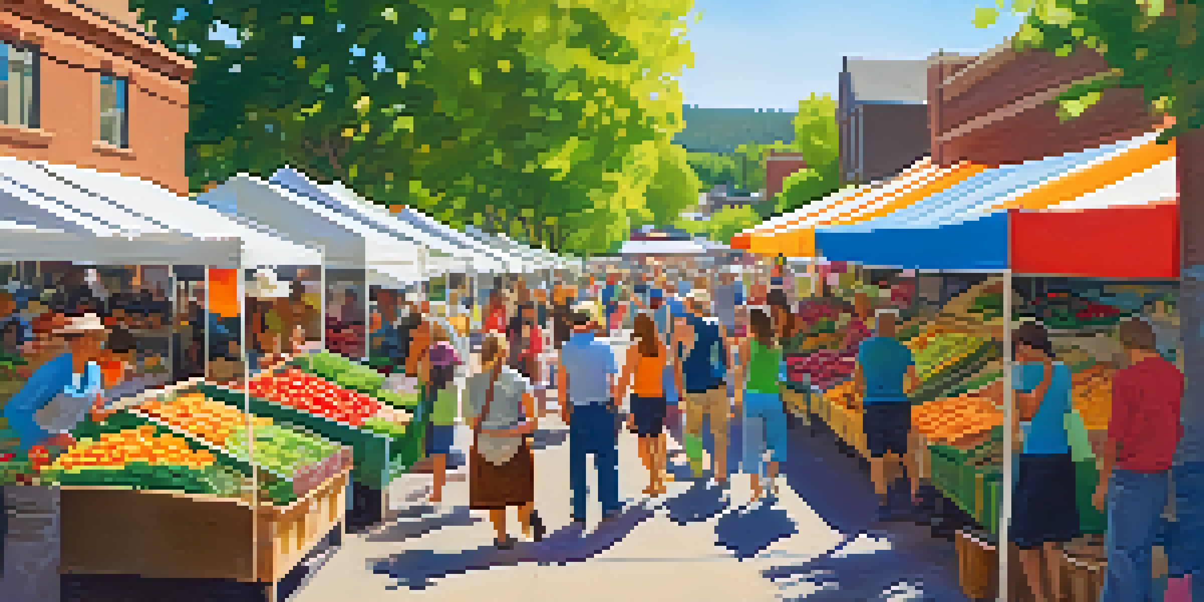 A lively farmer's market in Boulder with diverse people enjoying fresh produce and flowers.