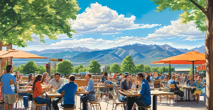 A panoramic view of Boulder, Colorado, with bustling outdoor cafes and the Rocky Mountains in the background.