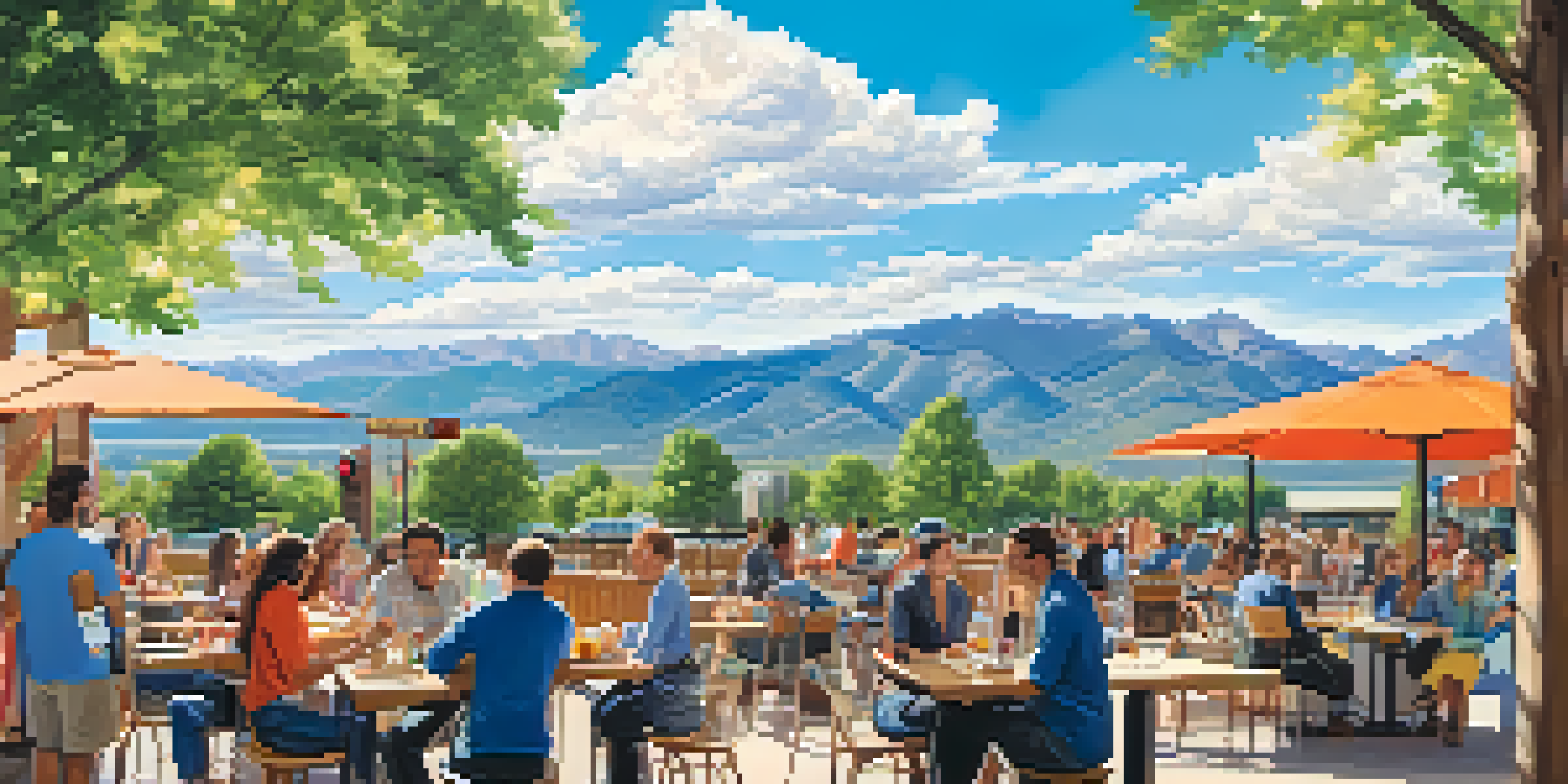 A panoramic view of Boulder, Colorado, with bustling outdoor cafes and the Rocky Mountains in the background.