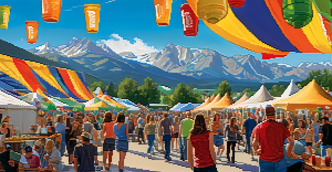 A lively craft beer festival in Boulder with people tasting beers, local food vendors, and mountains in the background.