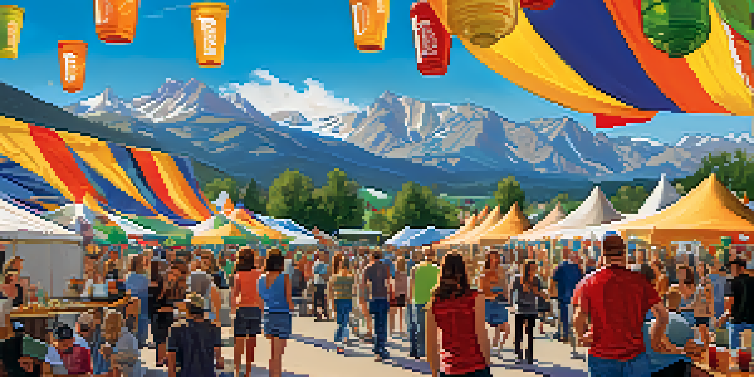 A lively craft beer festival in Boulder with people tasting beers, local food vendors, and mountains in the background.
