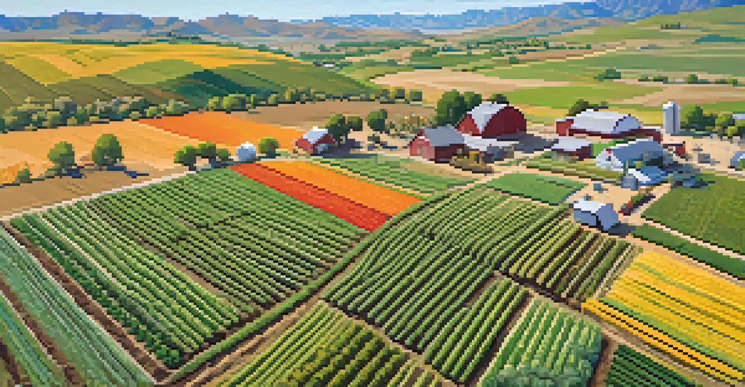 An aerial view of a sustainable farm near Boulder with diverse crops and farmers harvesting.