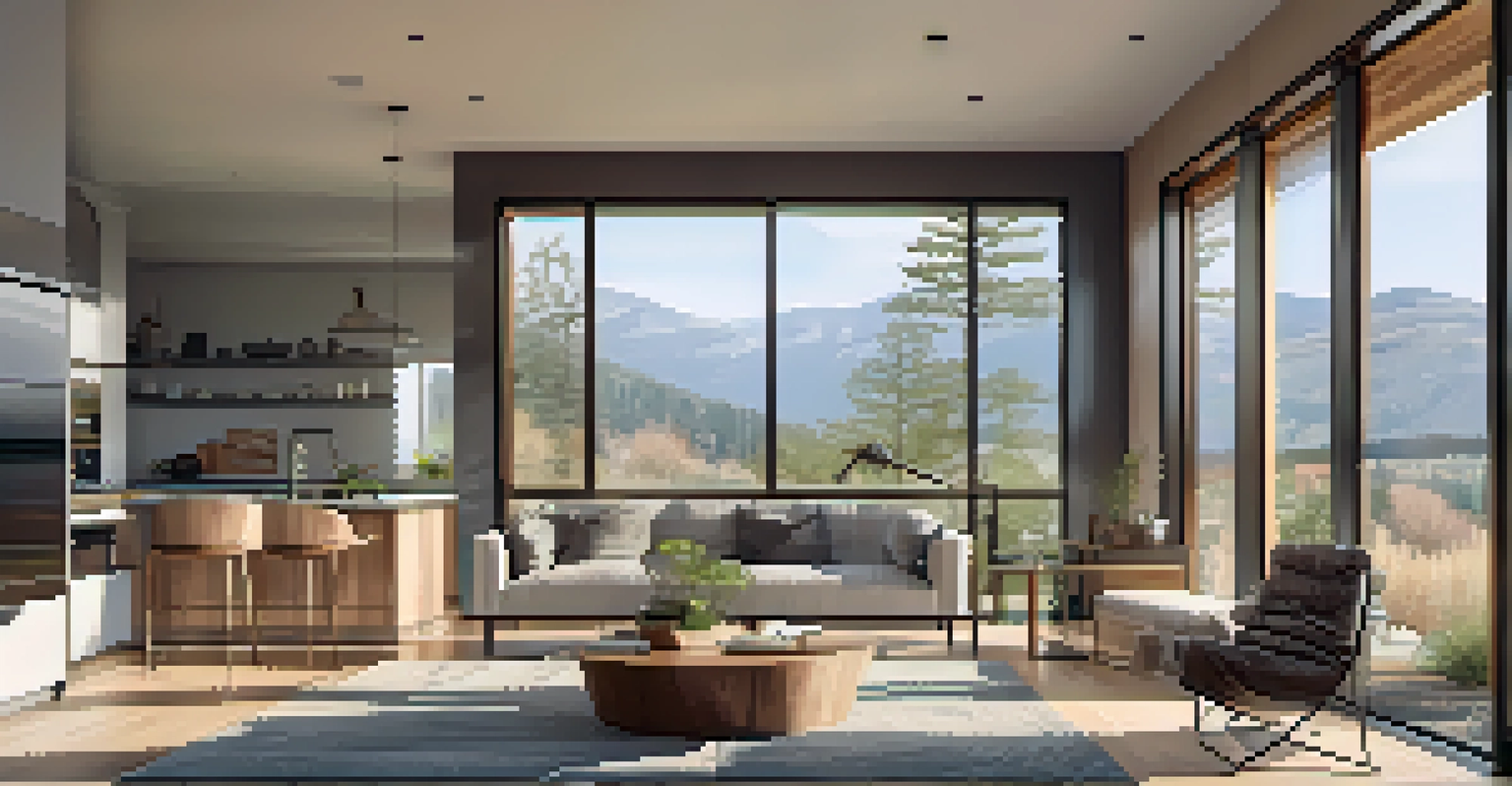 A modern interior of a Boulder home with smart technology and energy-efficient appliances, illuminated by natural light.