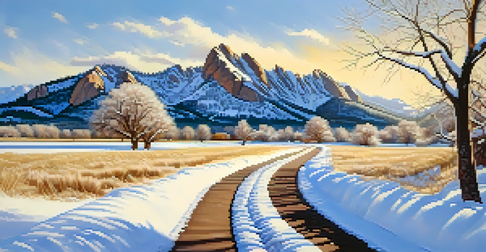A winter landscape of the Flatirons Vista Trail in Boulder, with snow-covered trees and the Flatirons mountains in the background under a blue sky.