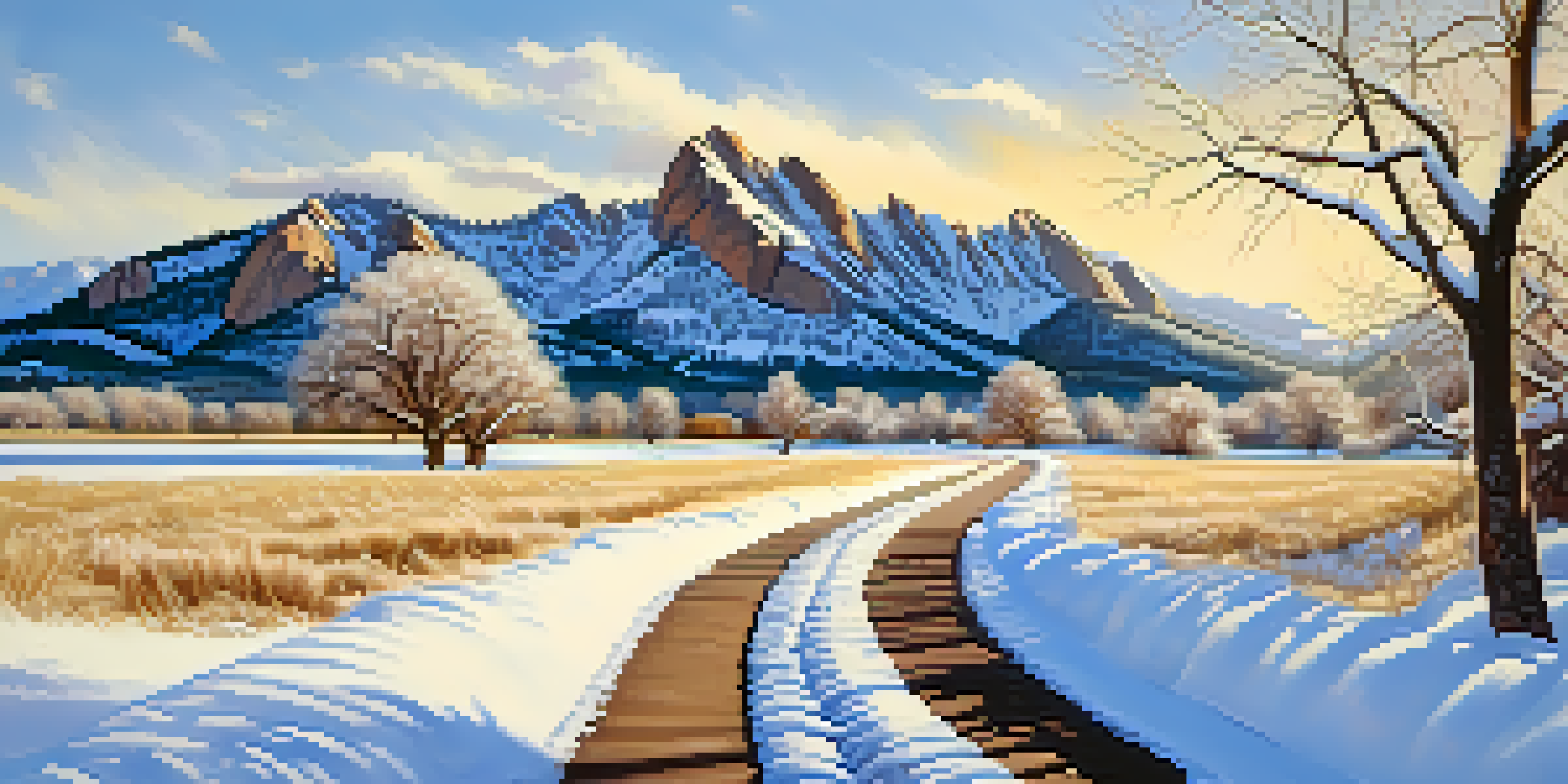 A winter landscape of the Flatirons Vista Trail in Boulder, with snow-covered trees and the Flatirons mountains in the background under a blue sky.