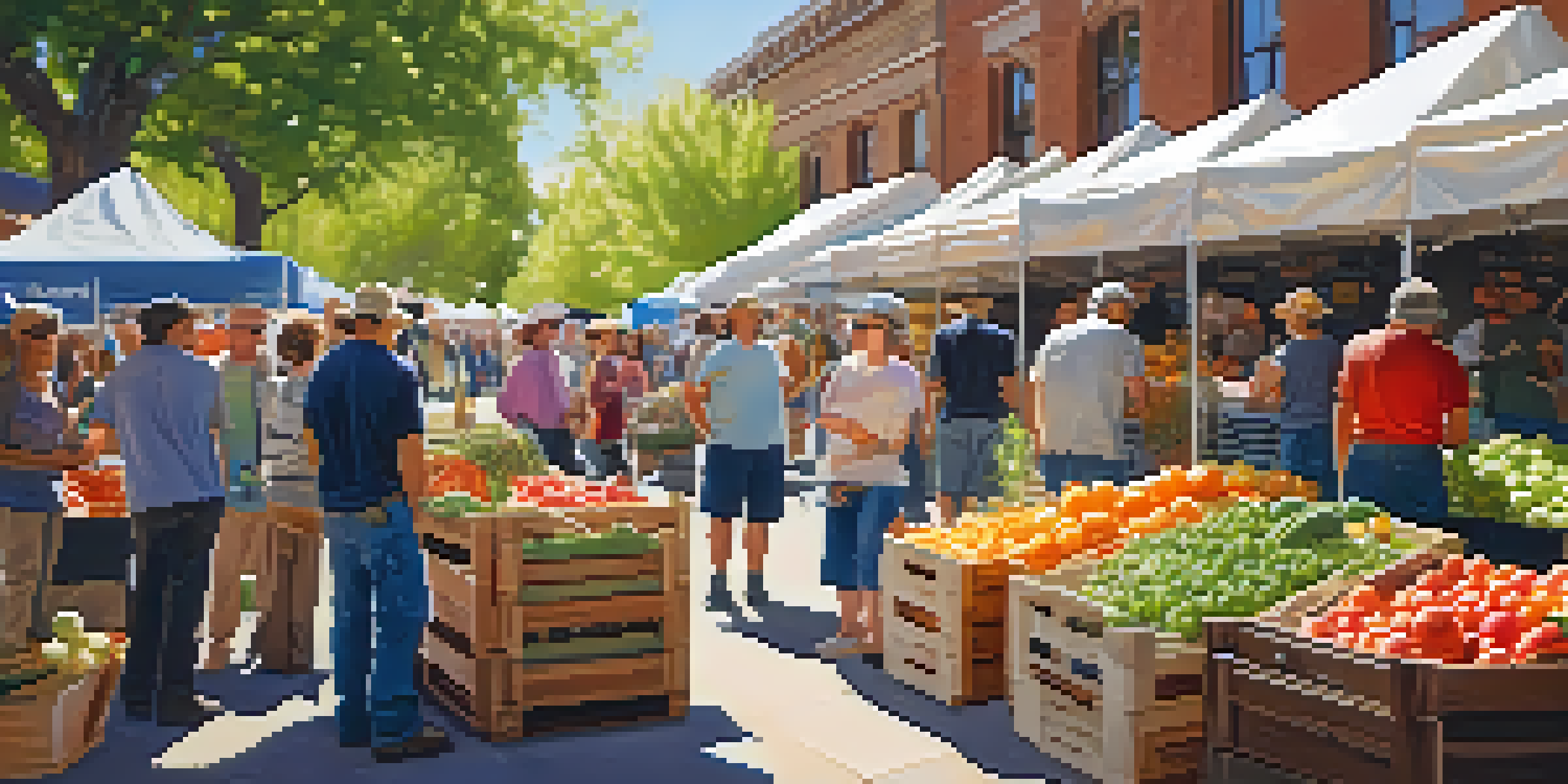 A lively farmers' market in Boulder with farmers showcasing colorful fresh produce and shoppers exploring the stalls under the sunlight.