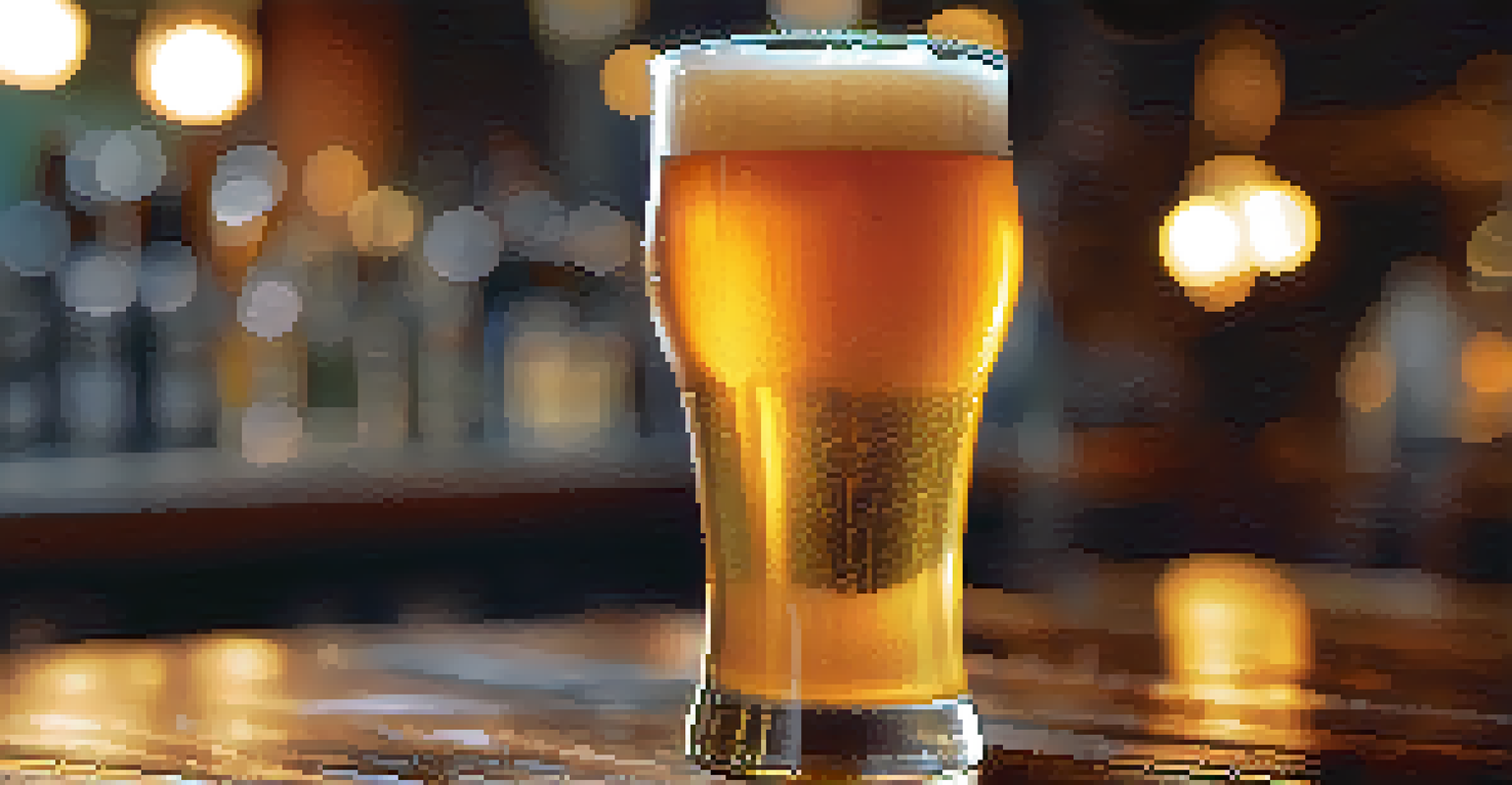 A close-up of a frosty glass of golden IPA on a wooden table, with blurred brewery equipment in the background.