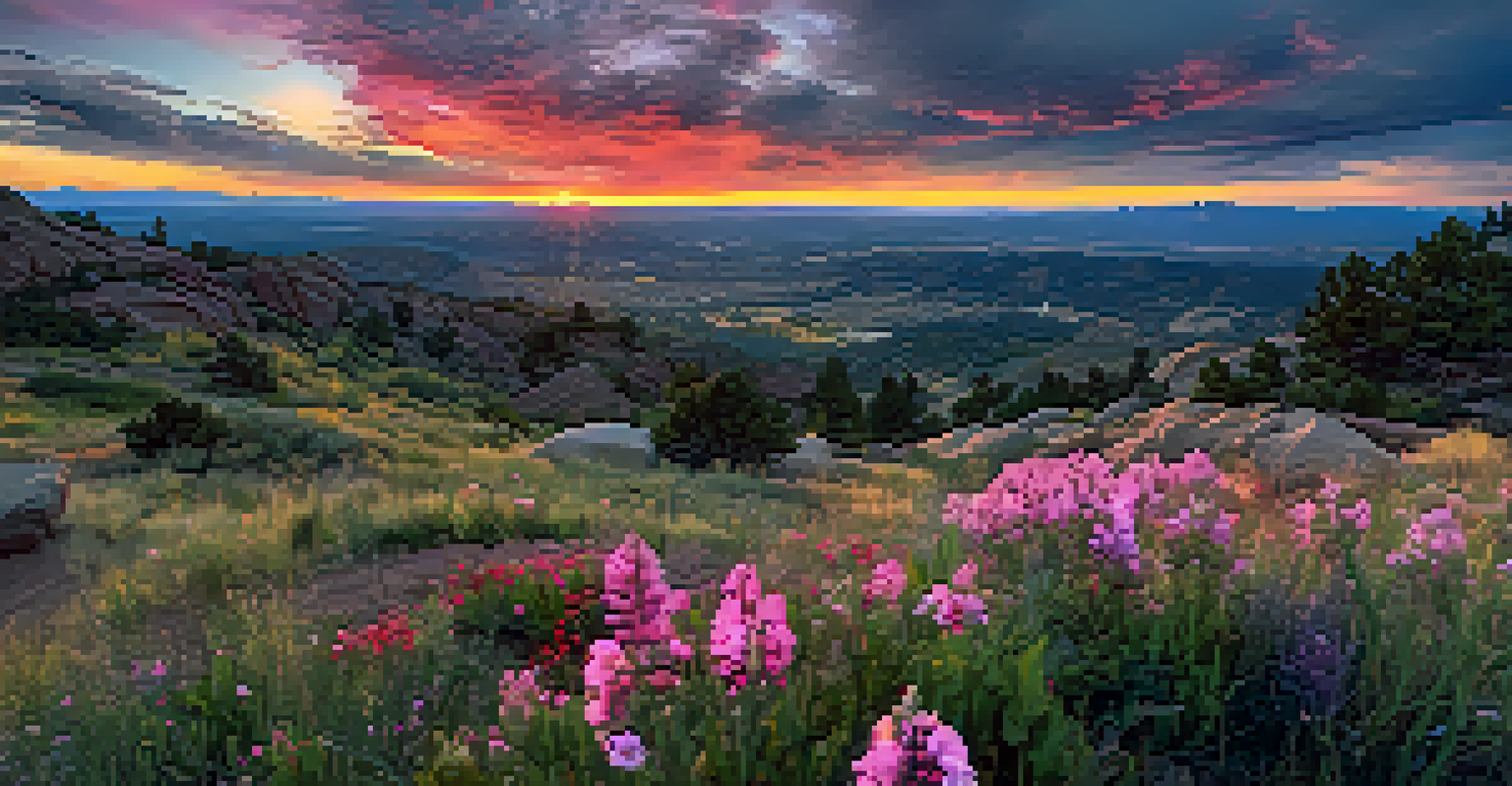 A panoramic sunset view from Mount Sanitas with colorful clouds and blooming wildflowers.