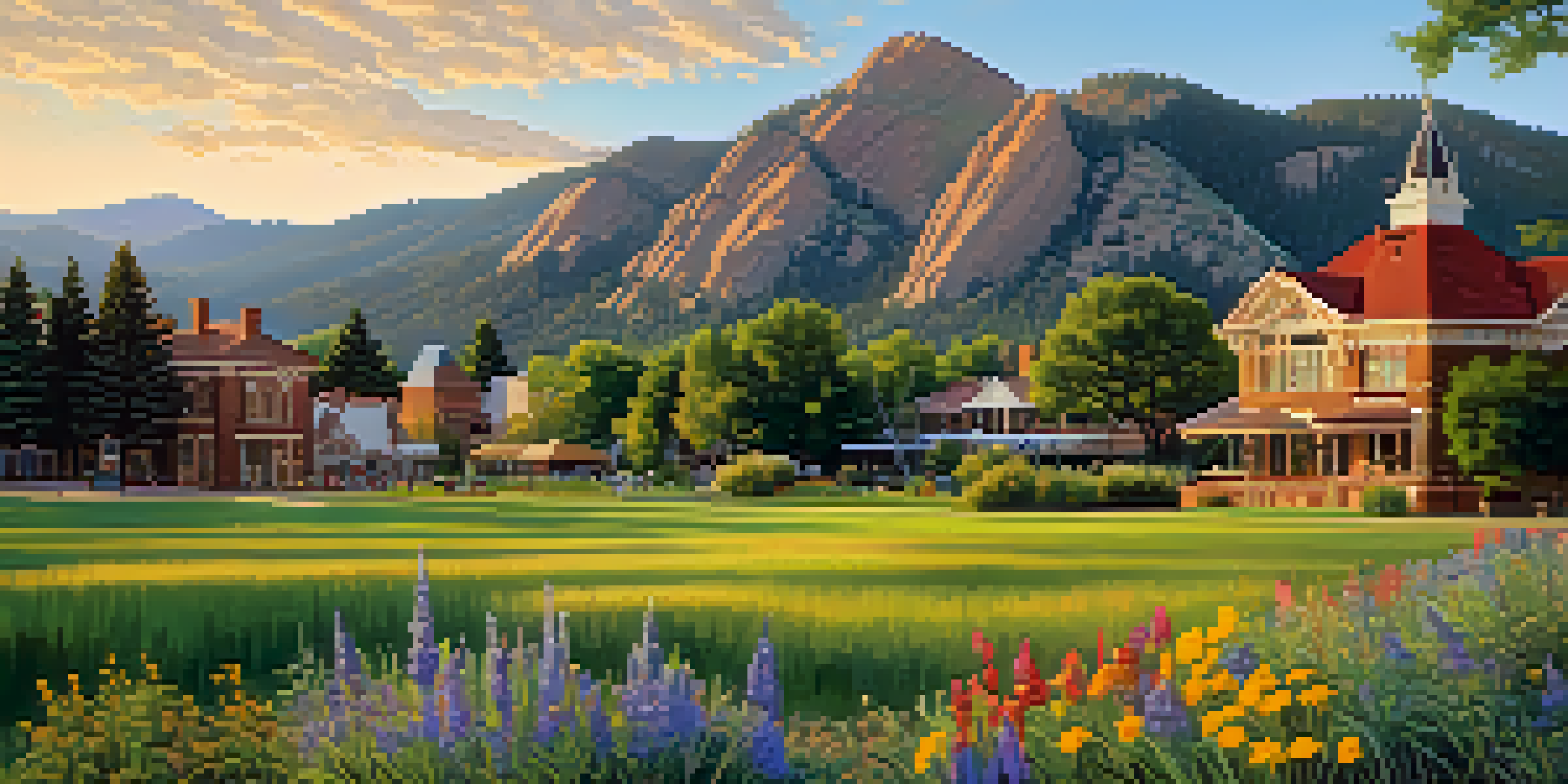 A scenic view of Chautauqua Park in Boulder with mountains, wildflowers, and Victorian-style buildings under golden sunlight.