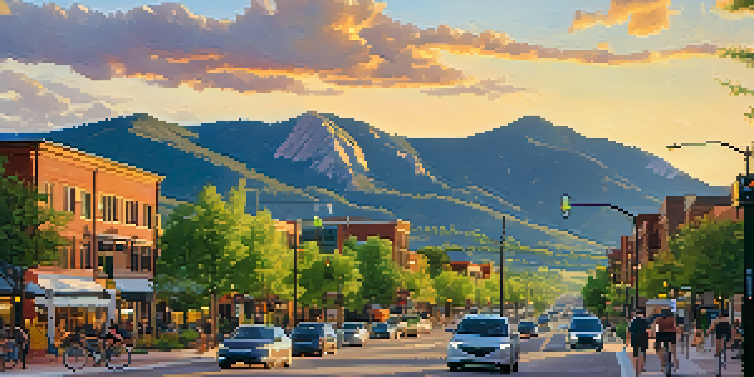 A cityscape of Boulder, Colorado, with electric vehicles, cyclists, and the Flatirons mountains in the background during sunset.