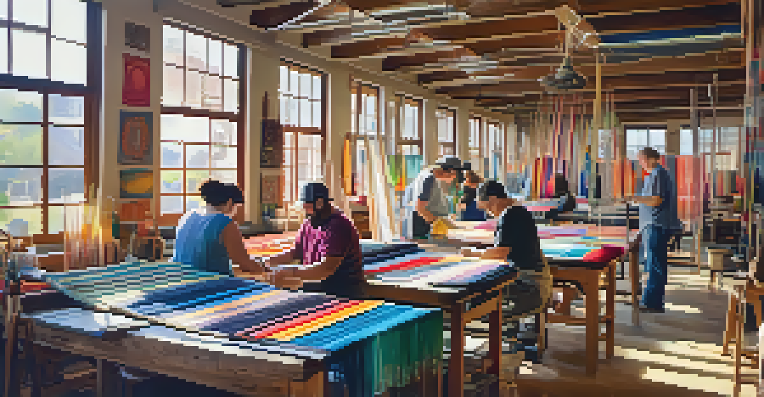 An artisan weaving workshop bustling with activity, featuring colorful fabrics and artisans at work.