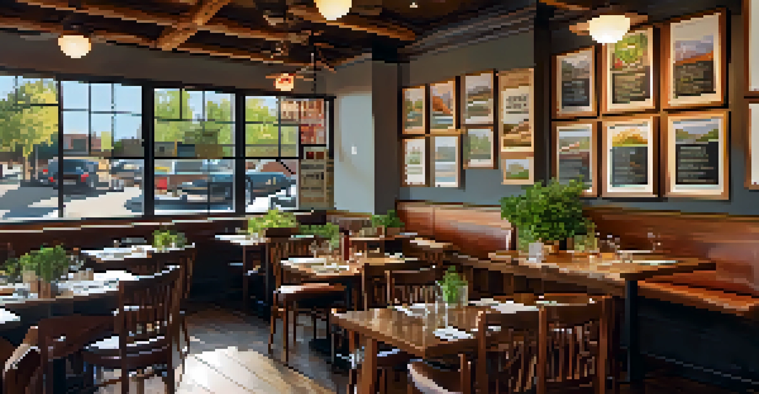 A warm restaurant interior with wooden tables and a menu board displaying local farm partners, featuring diners enjoying seasonal dishes.