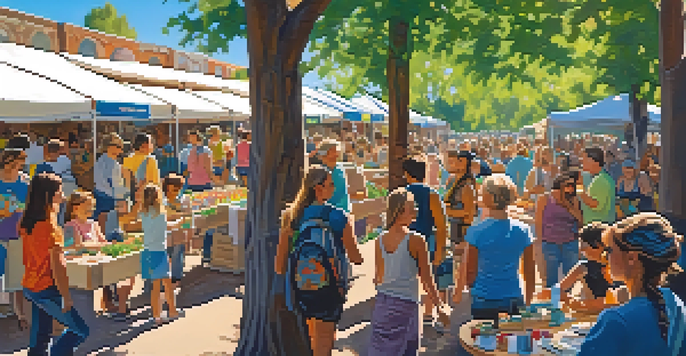 A lively outdoor festival with diverse attendees, eco-friendly booths, and children engaging in craft activities, set under a sunny sky.