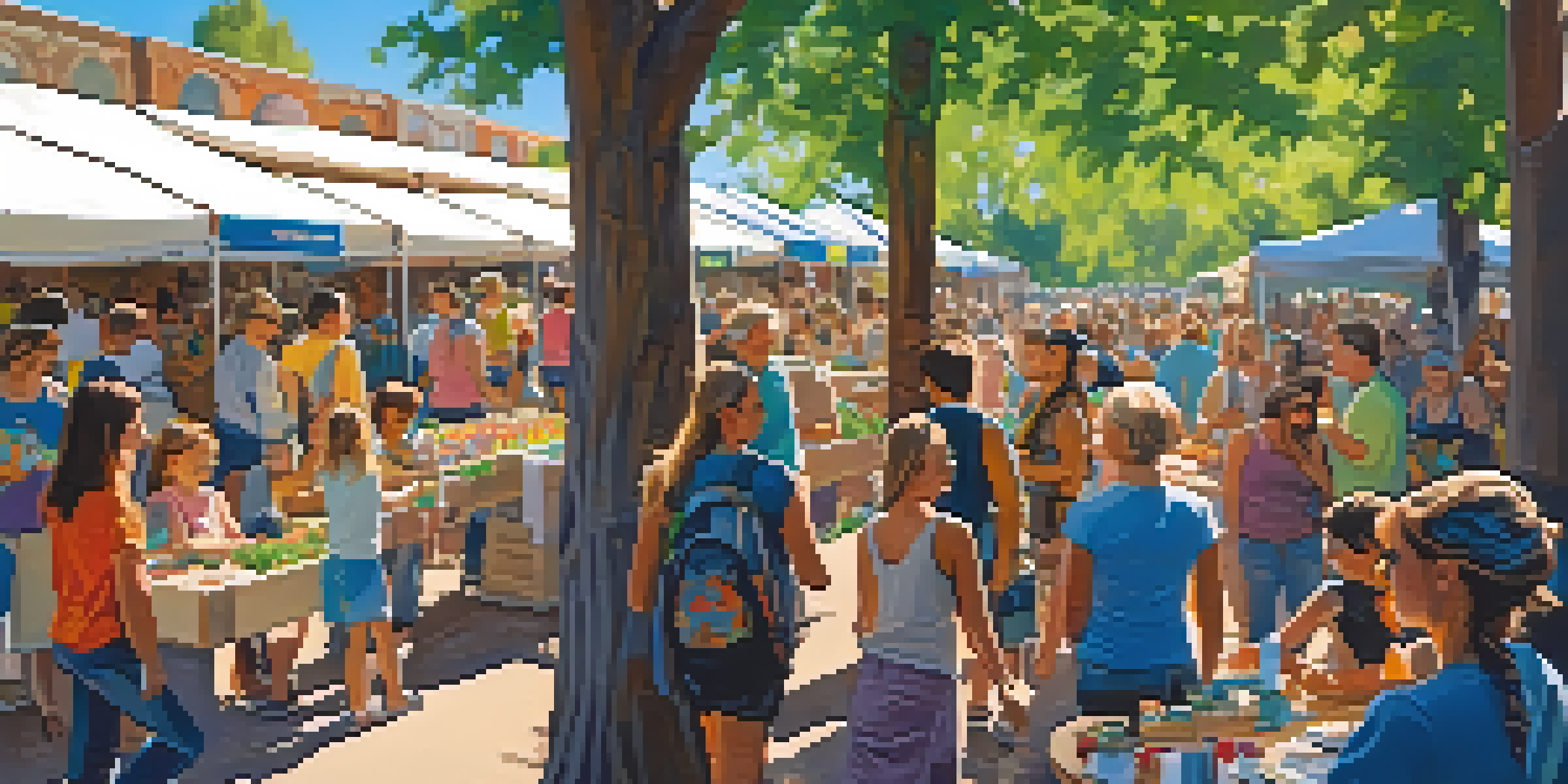 A lively outdoor festival with diverse attendees, eco-friendly booths, and children engaging in craft activities, set under a sunny sky.