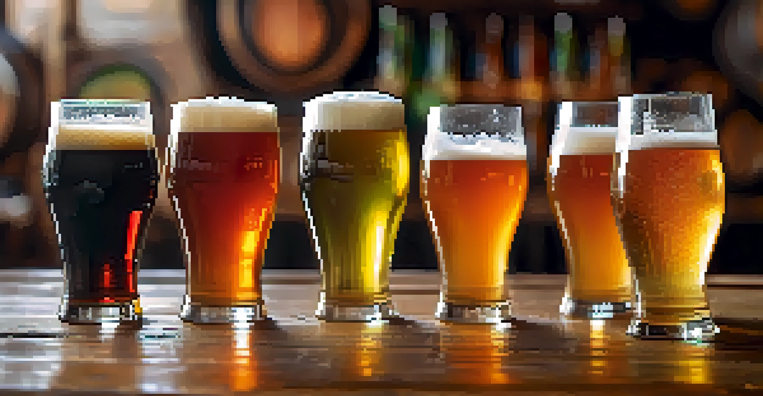 A close-up of a craft beer flight on a wooden table, with various colors and textures of beer glasses, set against a blurred brewery background.