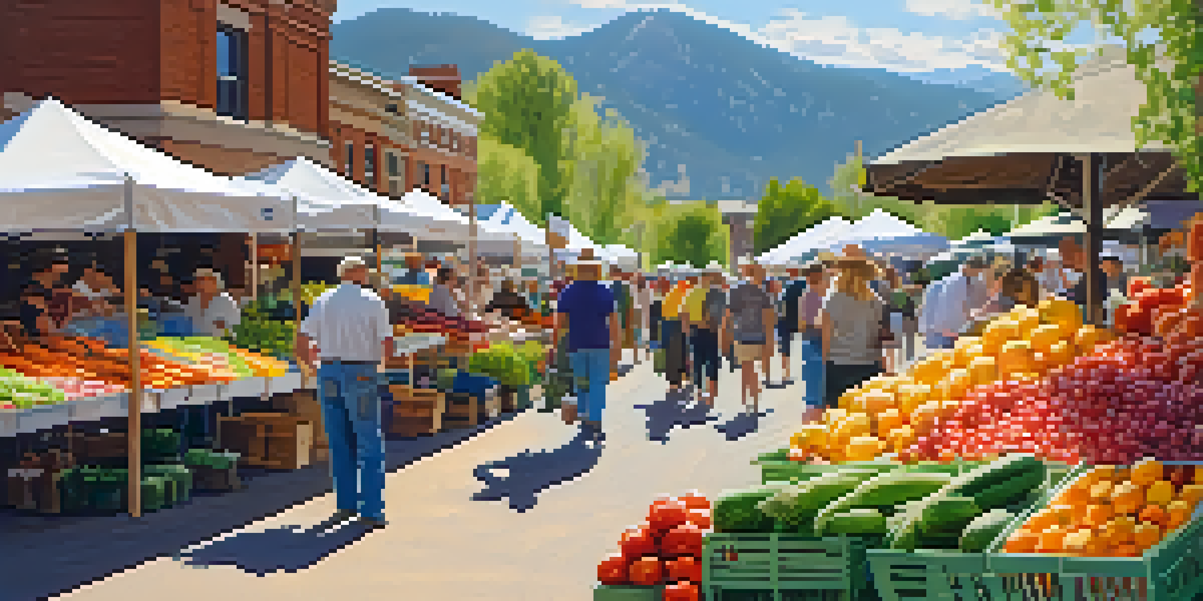 A lively farmers' market filled with colorful fruits and vegetables, with shoppers and farmers interacting under bright sunlight and mountains in the background.