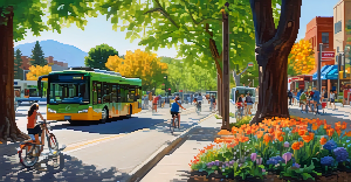 A sunny street in Boulder with people biking and walking, surrounded by trees and flowers, electric buses in the background, and mountains in the distance.