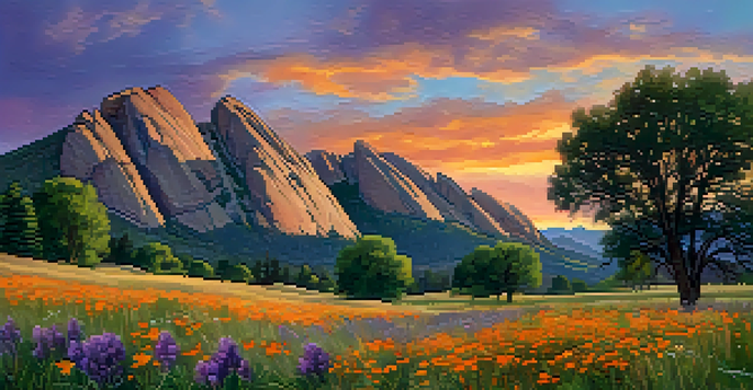 A beautiful sunset view of Boulder's Flatirons with colorful wildflowers in the foreground.
