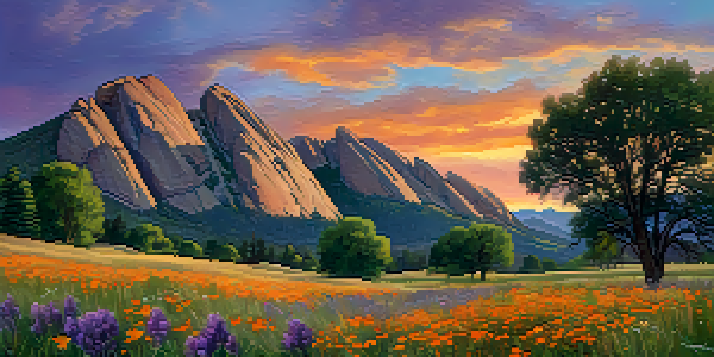 A beautiful sunset view of Boulder's Flatirons with colorful wildflowers in the foreground.