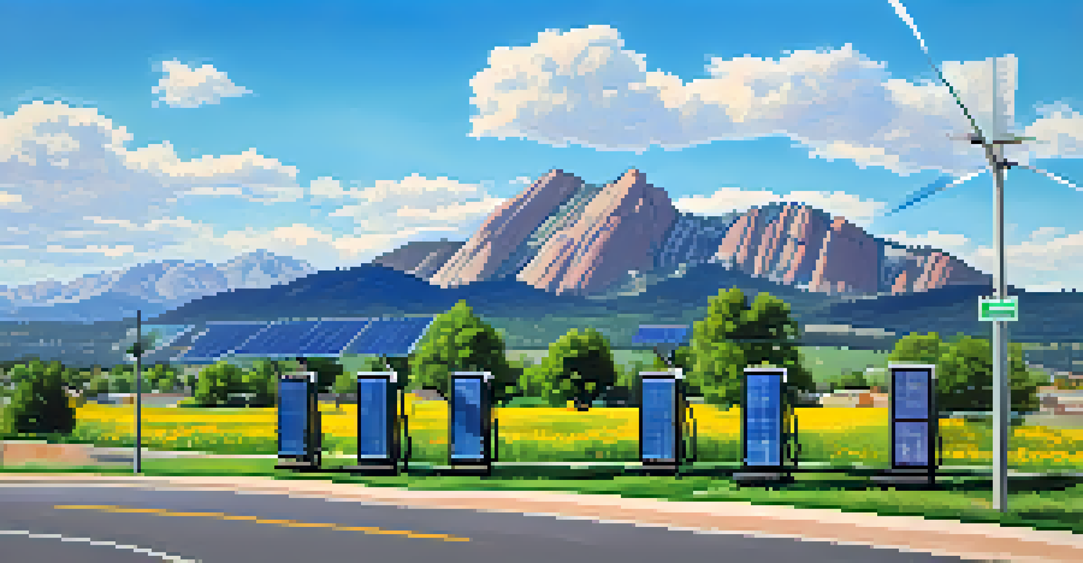 The Flatirons mountains in Boulder, Colorado, with solar panels and electric vehicle charging stations in the foreground, showcasing renewable energy.