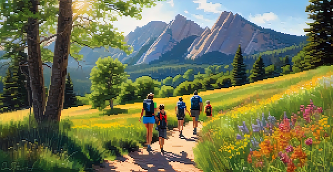 A family hiking along a vibrant trail with mountains in the background and a deer grazing nearby.