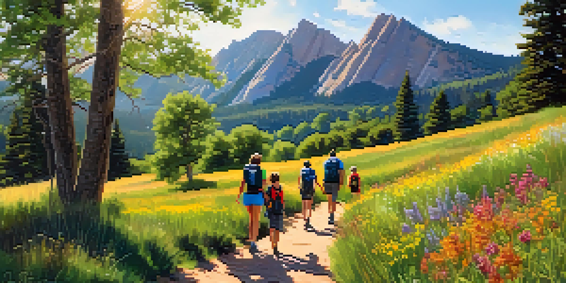 A family hiking along a vibrant trail with mountains in the background and a deer grazing nearby.