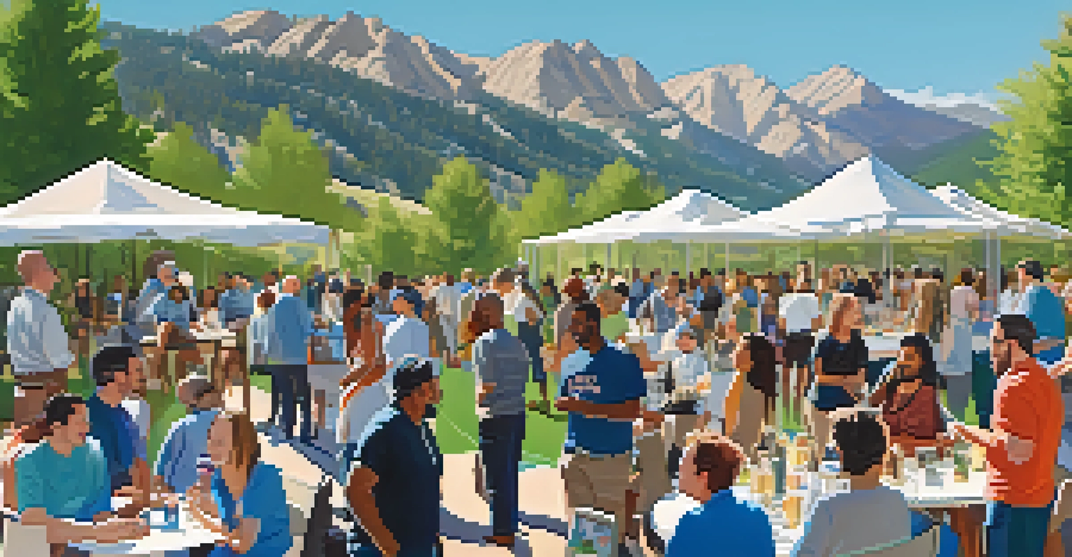 A scenic outdoor tech networking event in Boulder with mountains and people engaged in discussions.
