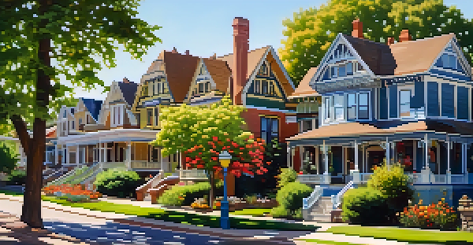 A scenic view of historic Victorian homes in the Mapleton Hill District, surrounded by greenery and flowers, illuminated by warm sunlight.