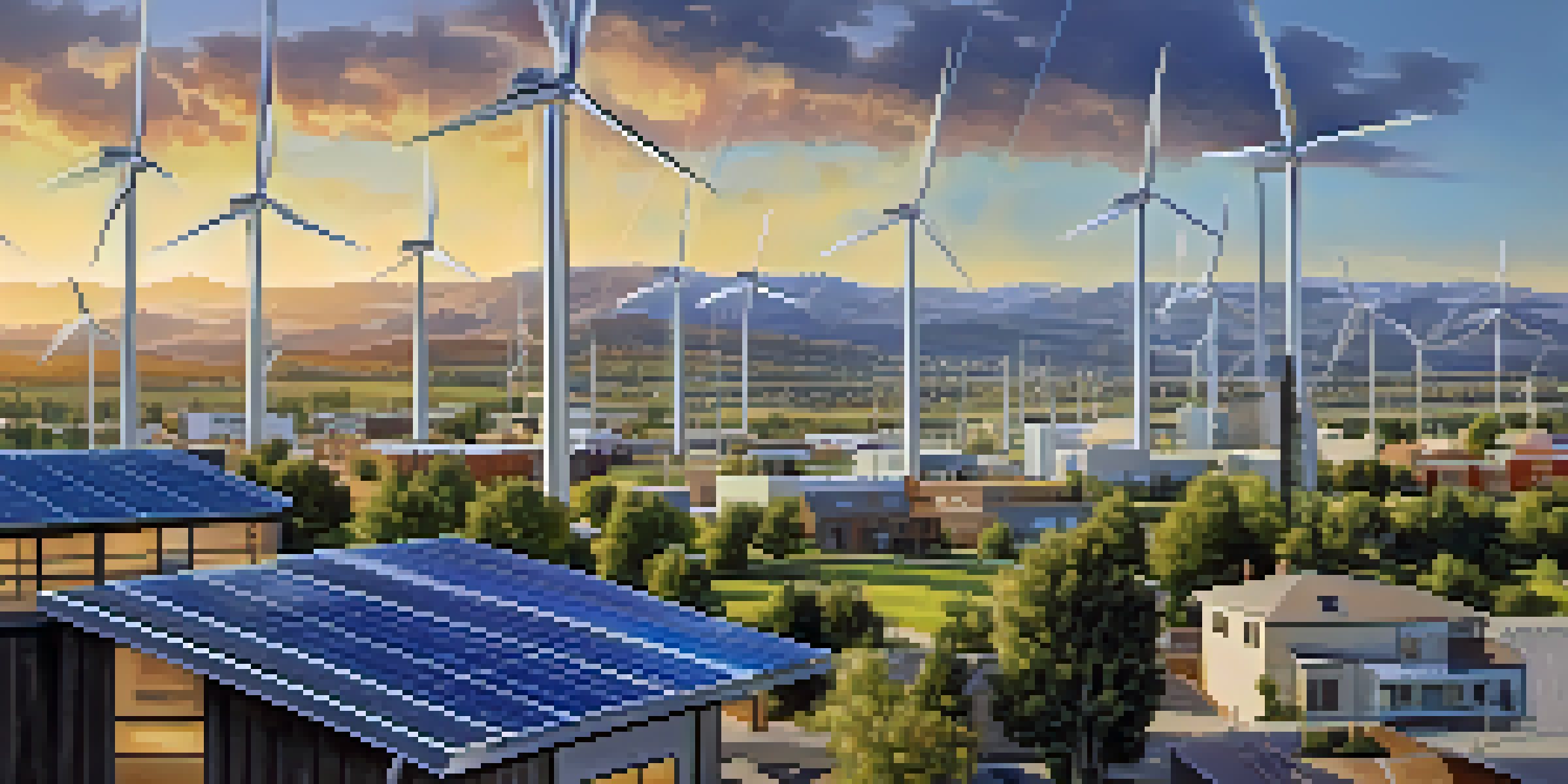 A digital representation of Boulder's renewable energy initiatives, showcasing a smart grid interface with wind turbines and solar panels in a city setting.