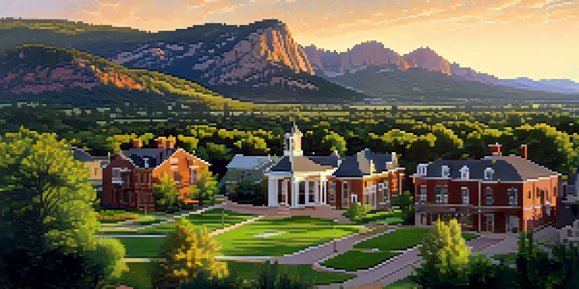 A beautiful view of Chautauqua Park with historic buildings and the Flatirons mountains in the background, illuminated by warm golden hour light.
