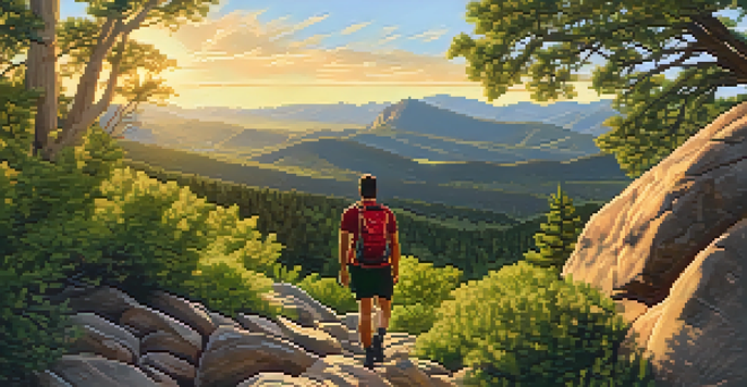 A hiker on a rocky trail in Boulder, Colorado, with mountains and greenery in the background during sunset.