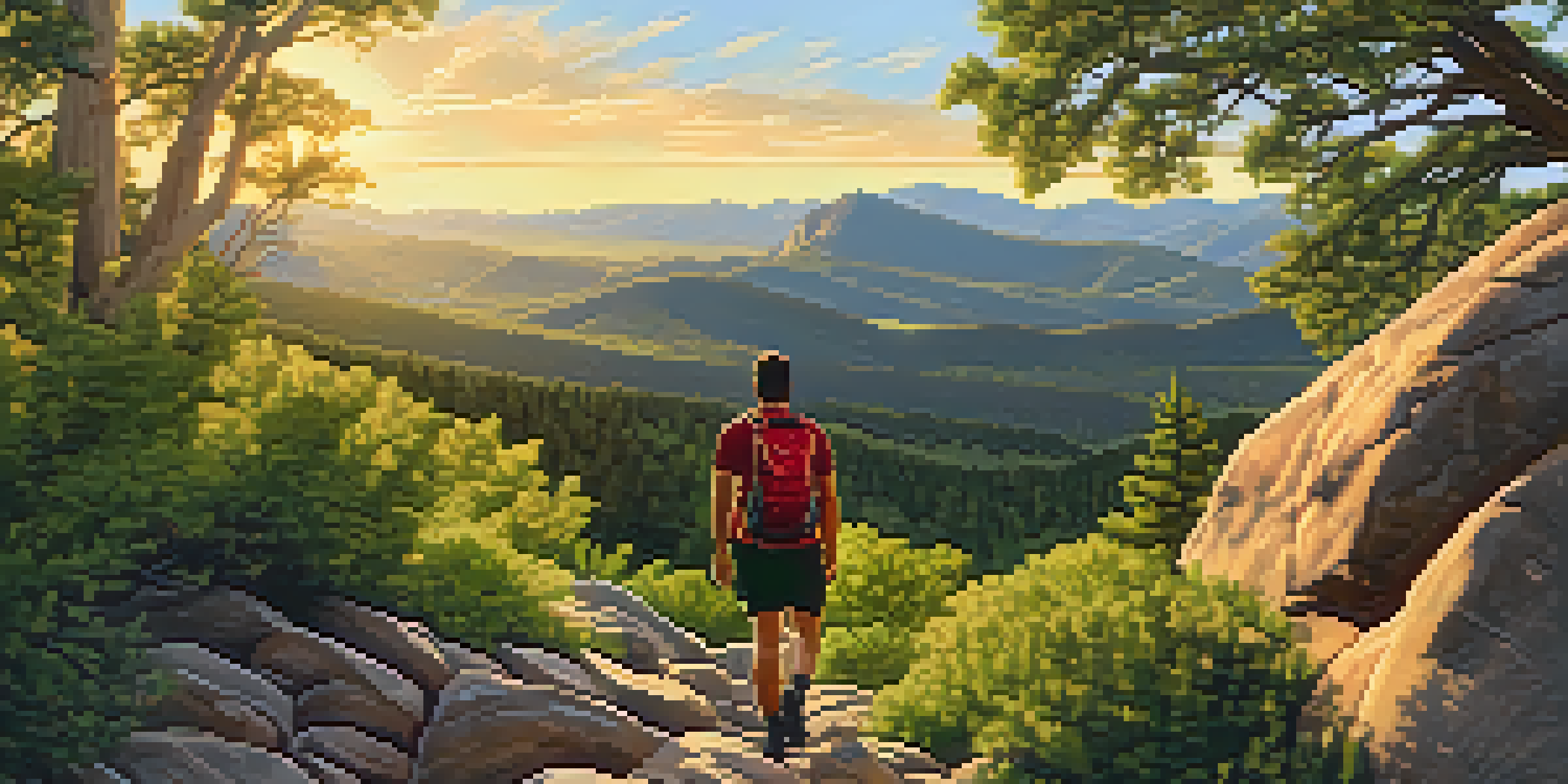 A hiker on a rocky trail in Boulder, Colorado, with mountains and greenery in the background during sunset.