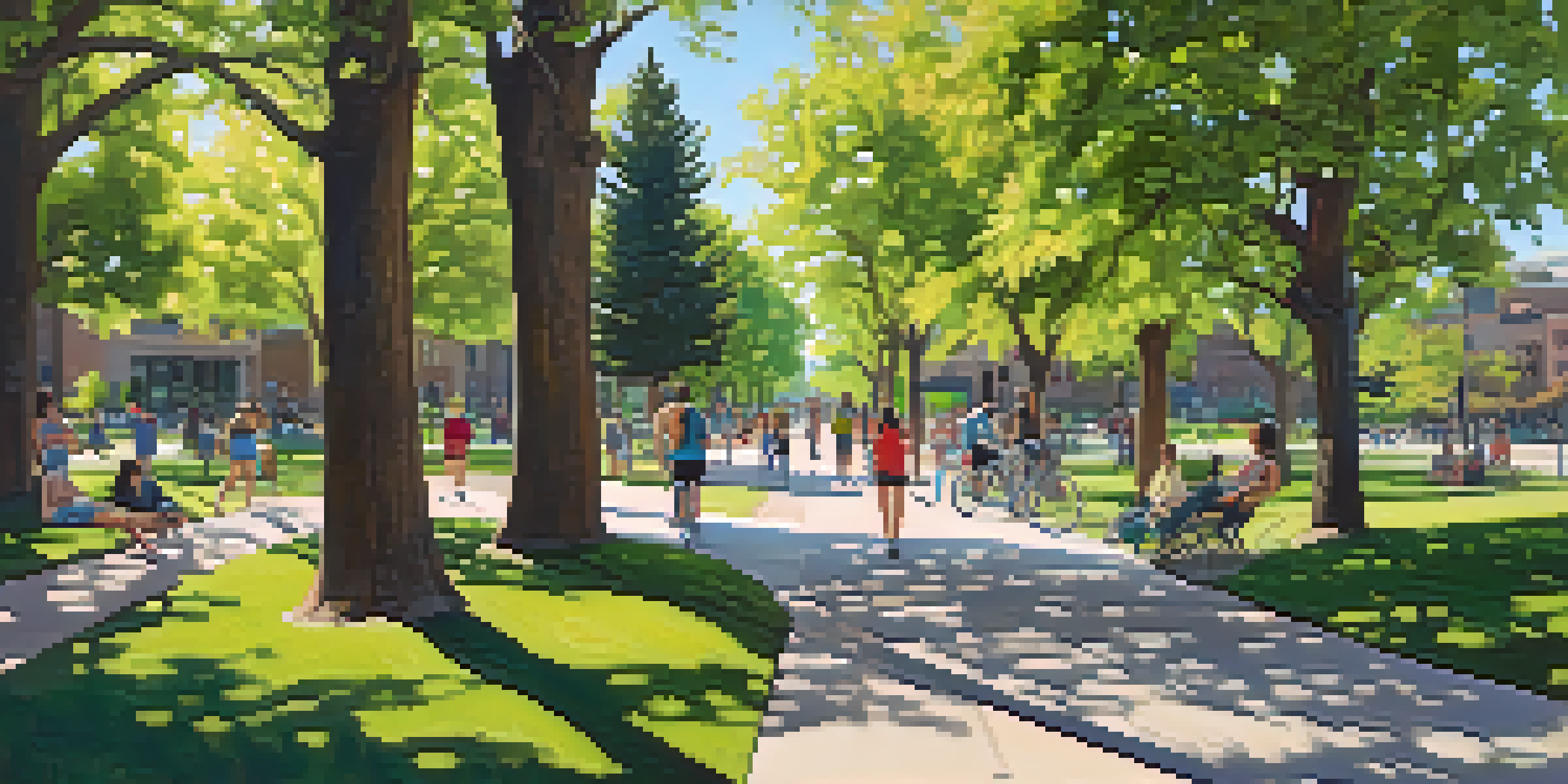 A lively urban park in Boulder with people jogging, biking, and picnicking among lush trees and plants, with sunlight filtering through the leaves.