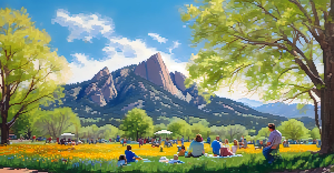 A lively spring day at Chautauqua Park in Boulder, with families picnicking among blooming wildflowers and the Flatirons in the background.