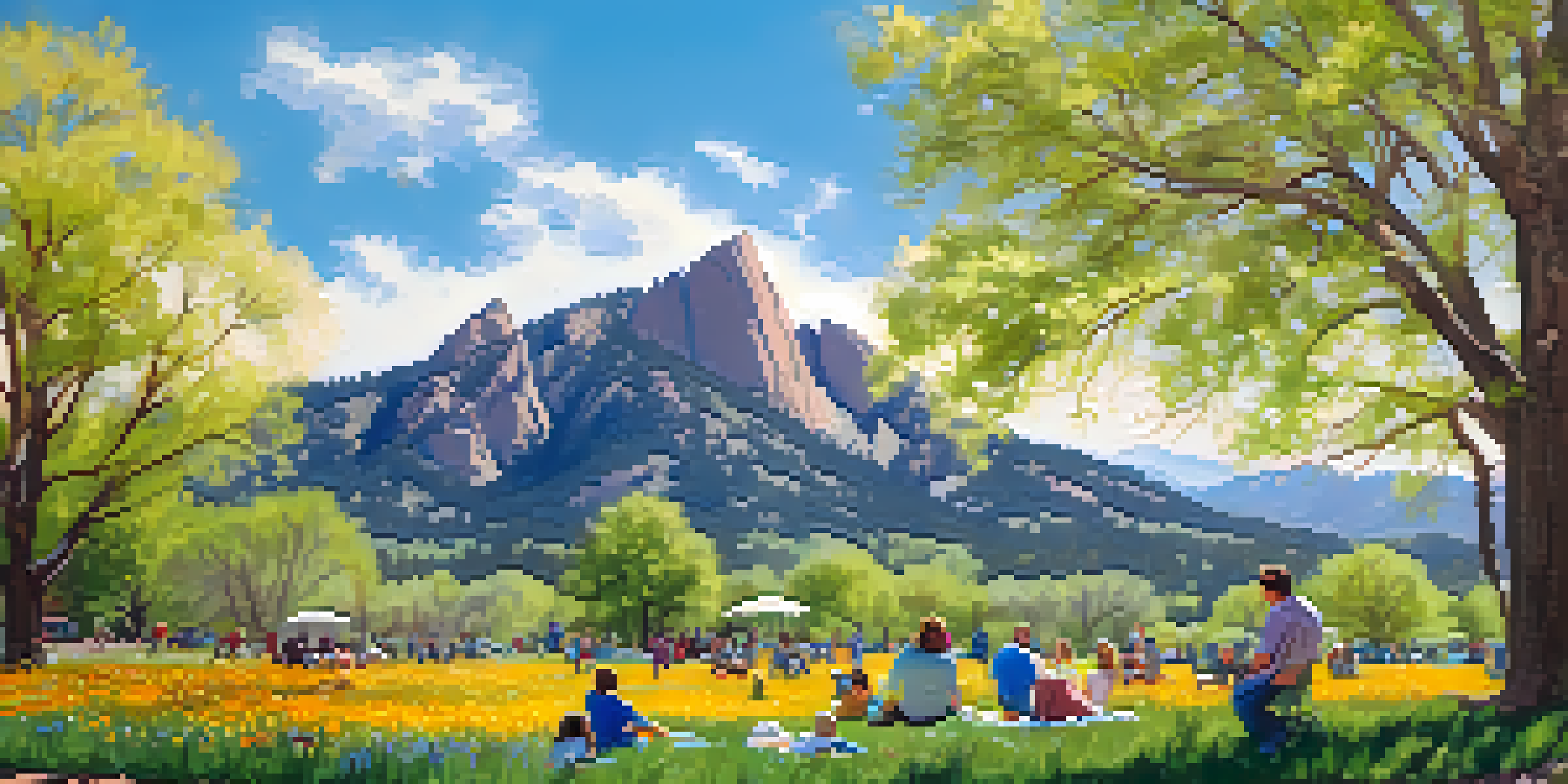 A lively spring day at Chautauqua Park in Boulder, with families picnicking among blooming wildflowers and the Flatirons in the background.