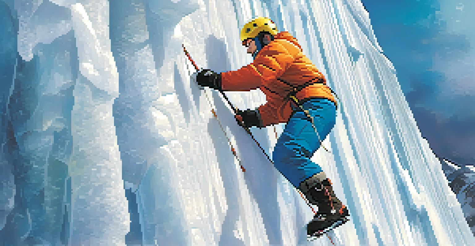 A group of climbers practicing on an ice wall, showcasing teamwork and technique, with snowflakes falling around them.