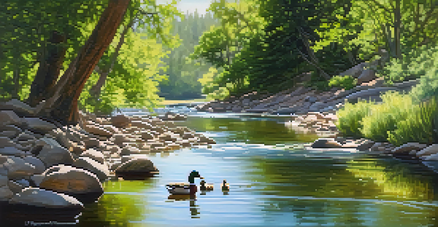 A serene view of Boulder Creek with sunlight filtering through trees and ducks swimming in the water.