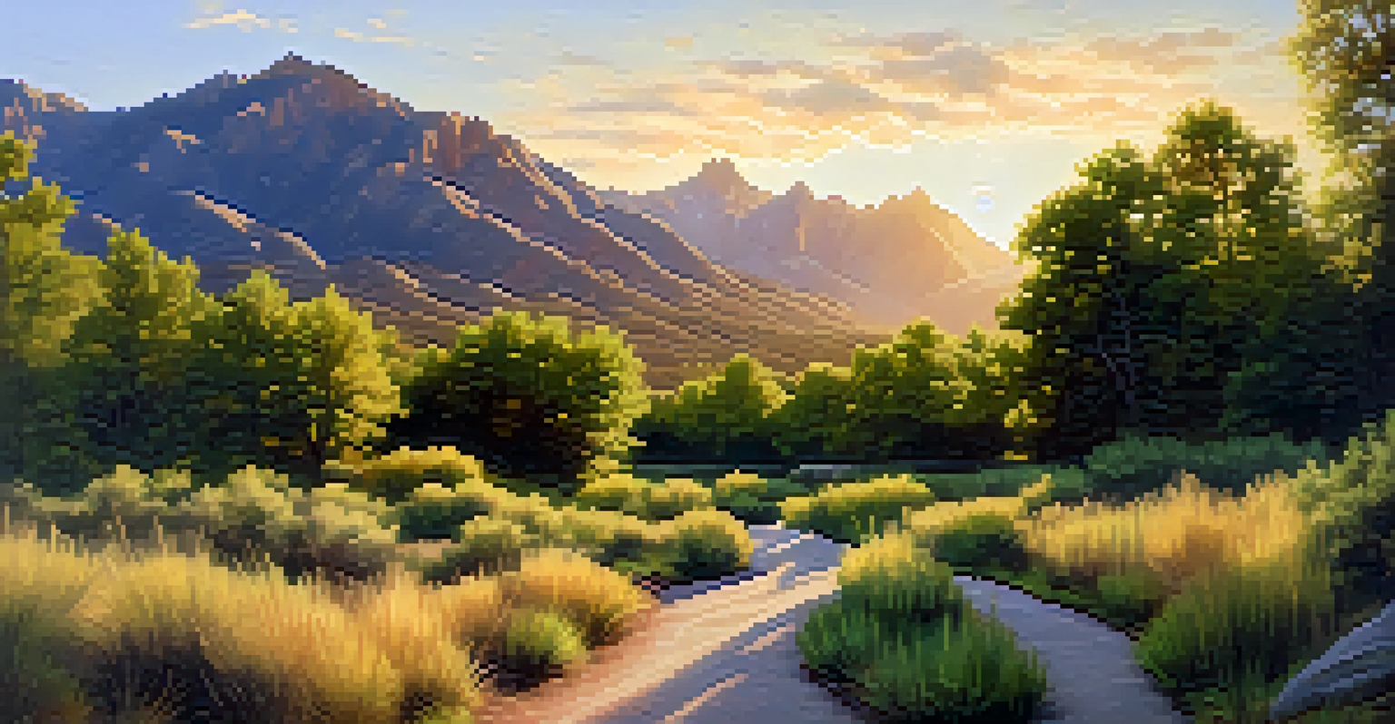 A peaceful running trail by a creek, surrounded by trees and mountains at sunrise.