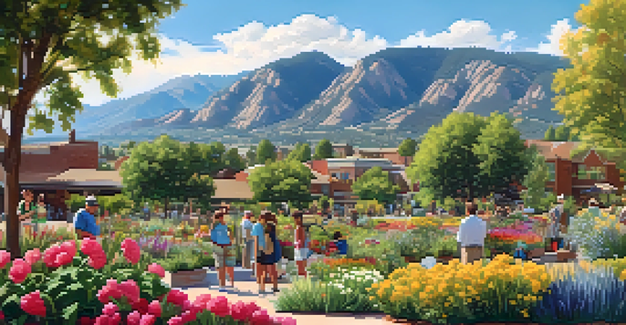 A scenic view of Boulder, Colorado, with the Rocky Mountains and a community garden filled with colorful flowers and plants, depicting residents involved in water conservation efforts.