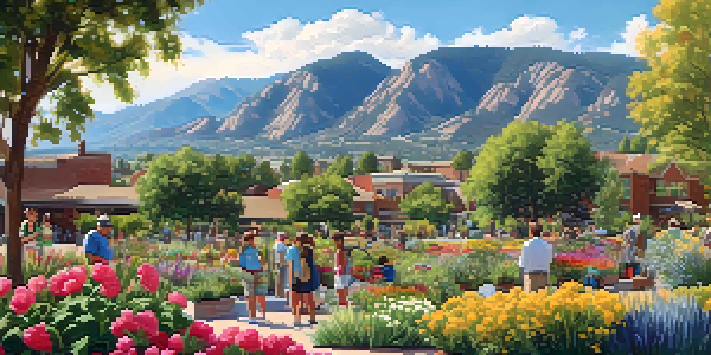 A scenic view of Boulder, Colorado, with the Rocky Mountains and a community garden filled with colorful flowers and plants, depicting residents involved in water conservation efforts.
