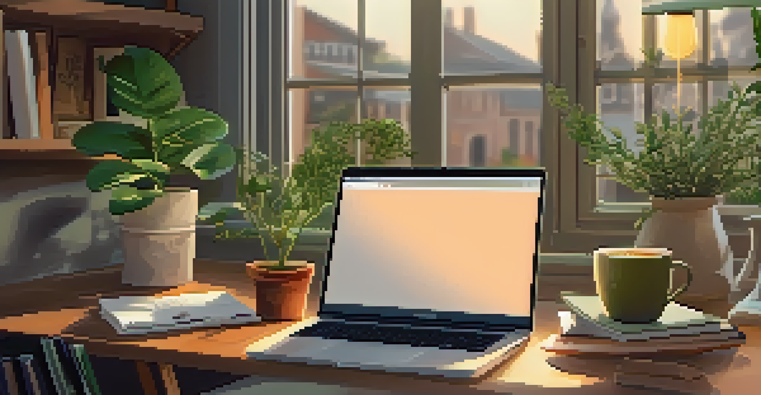 A cozy workspace with a laptop, notebooks, herbal tea, and a potted plant, illuminated by soft warm lighting.