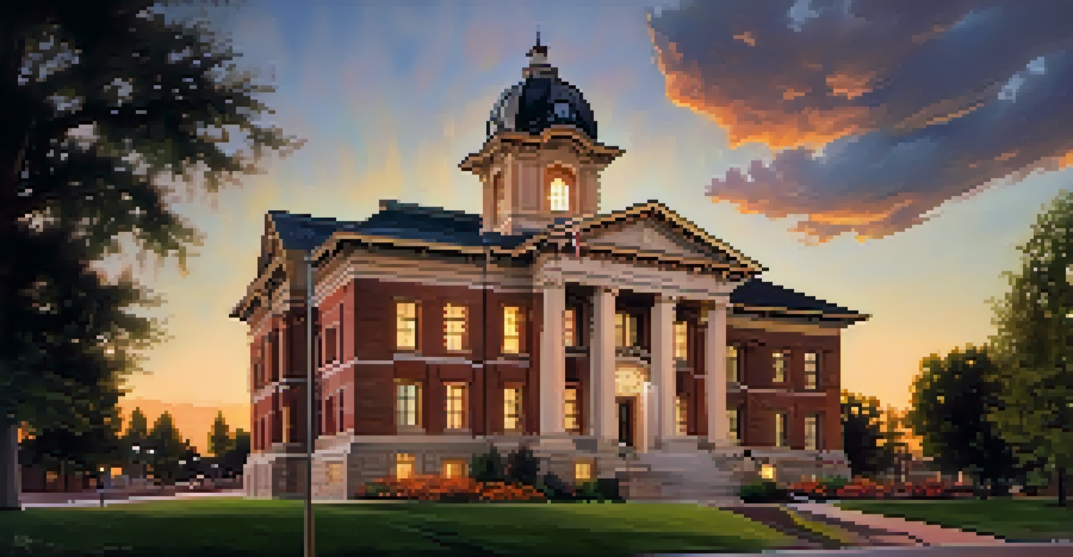 The restored Boulder County Courthouse at twilight, beautifully lit with blooming flowers in the foreground and people admiring the building.