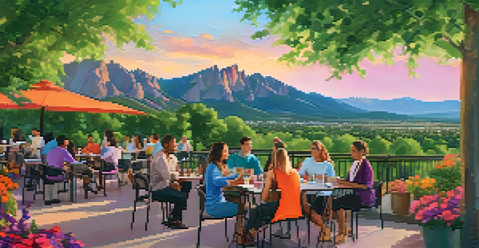 A picturesque scene of Boulder, Colorado, featuring the Flatirons mountains with a sunset sky and a group of diverse entrepreneurs at an outdoor café.