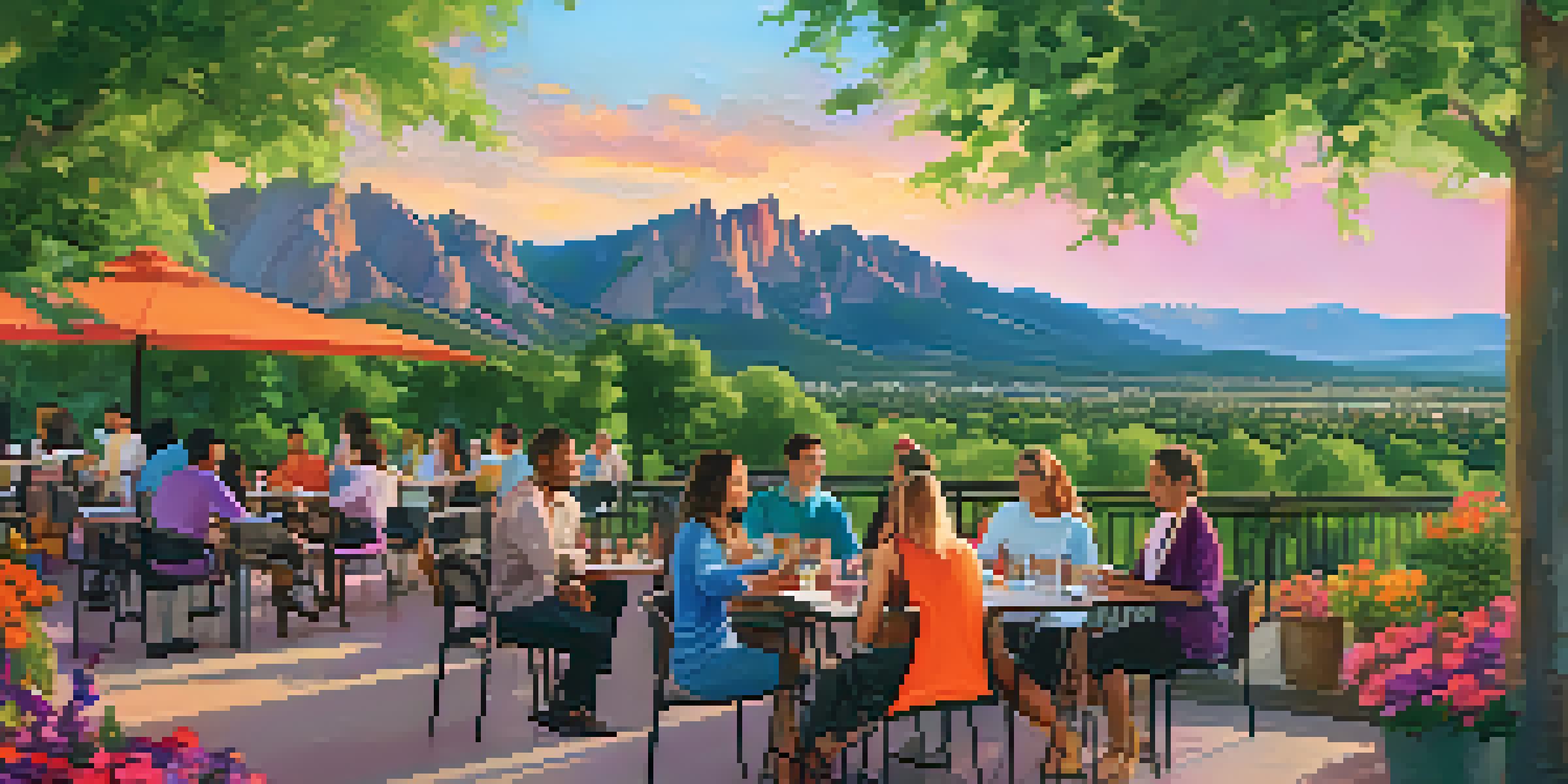 A picturesque scene of Boulder, Colorado, featuring the Flatirons mountains with a sunset sky and a group of diverse entrepreneurs at an outdoor café.