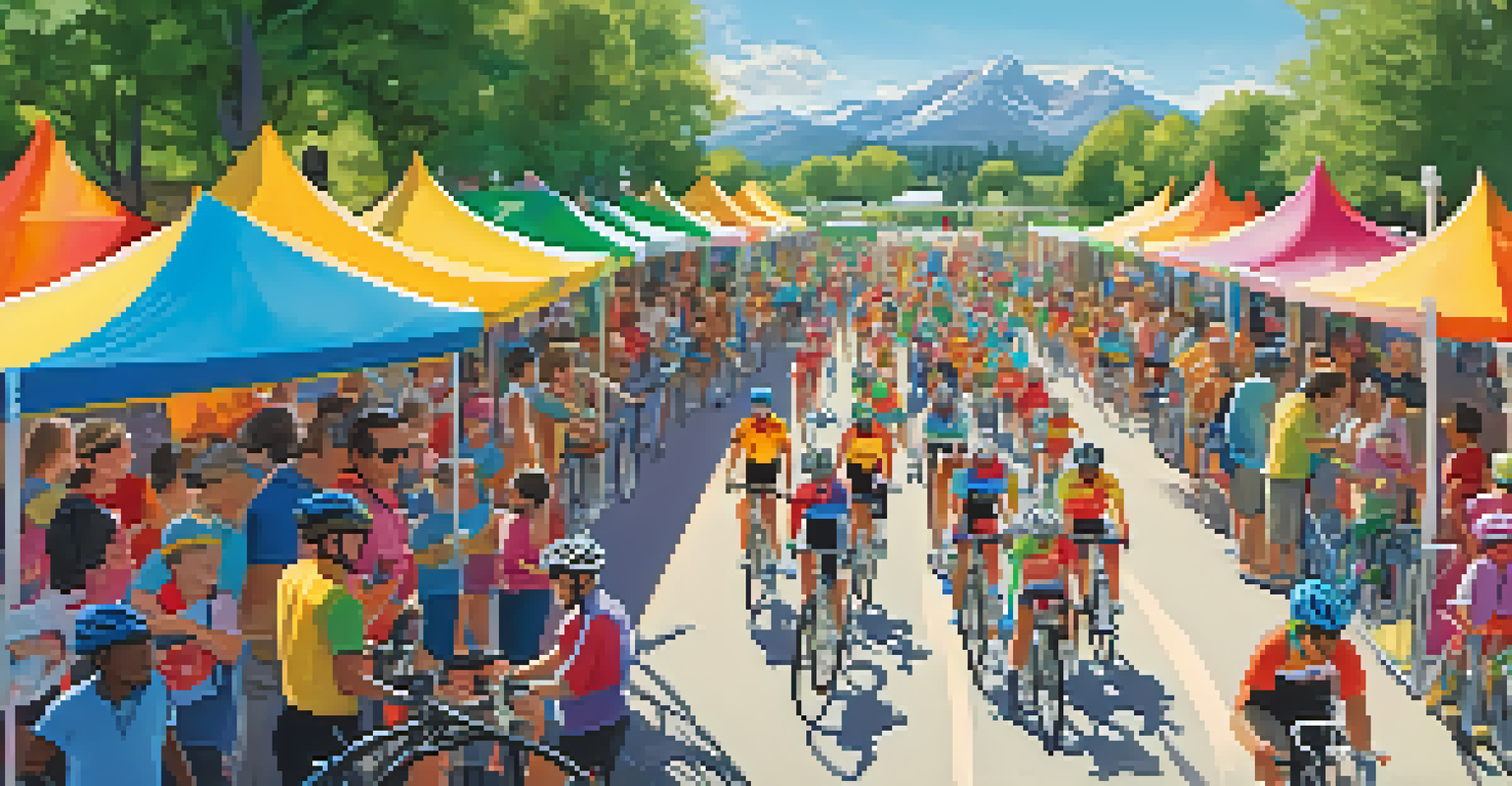 A community cycling event in Boulder with people participating and bright banners promoting cycling.