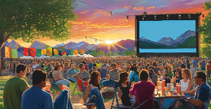 An outdoor film festival scene with a large screen, diverse audience, and a colorful sunset backdrop of the Rocky Mountains.